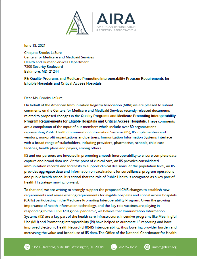 AIRA Letter and Comments on CMS Proposed Rules: Quality Programs and Medicare Promoting Interoperability Program Requirements for Eligible Hospitals and Critical Access Hospitals