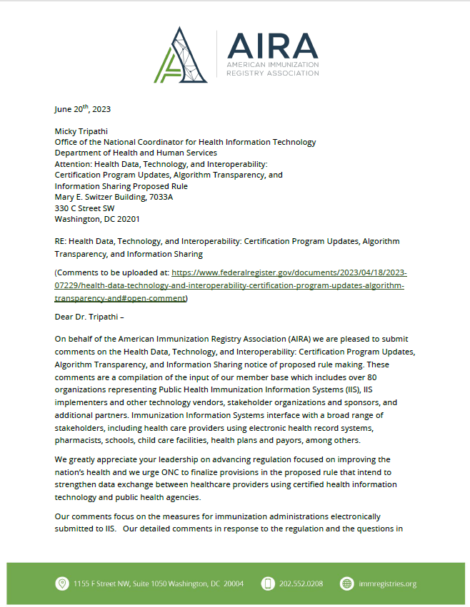 AIRA Consolidated Comments on ONC's Health Data, Technology, and Interoperability: Certification Program Updates, Algorithm Transparency, and Information Sharing (HTI-1) Notice of Proposed Rule Making (NPRM)