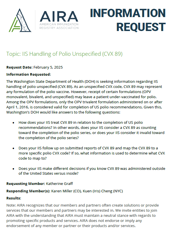 IIS Handling of Polio Unspecified (CVX 89)